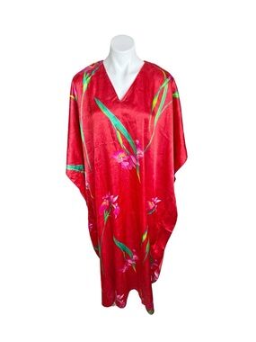 Vintage 90s Winlar Caftan Red Tropical Floral Maxi Dress Beach Cover Up OS